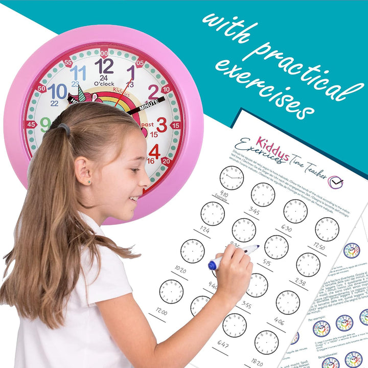Kiddus Wanduhr für Kinder, Jungen und Mädchen. Analoger Zeitlehrer mit Zeitlernübungen. Gut lesbar,