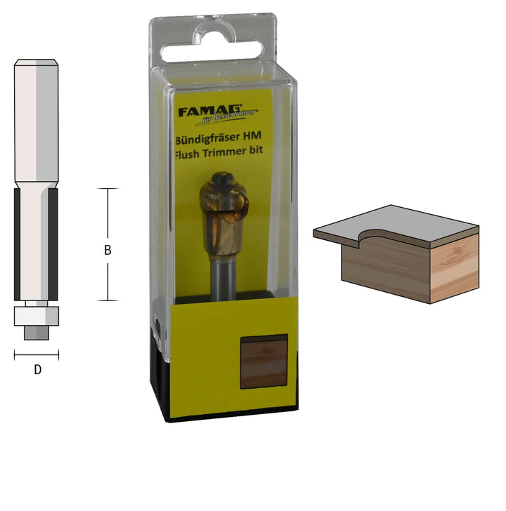 Famag HM-Bündigfräser (D6 B19 Gesamtlänge 64 mm Schaft- 8 mm, Fräser mit Anlauflager, geeignet zum K