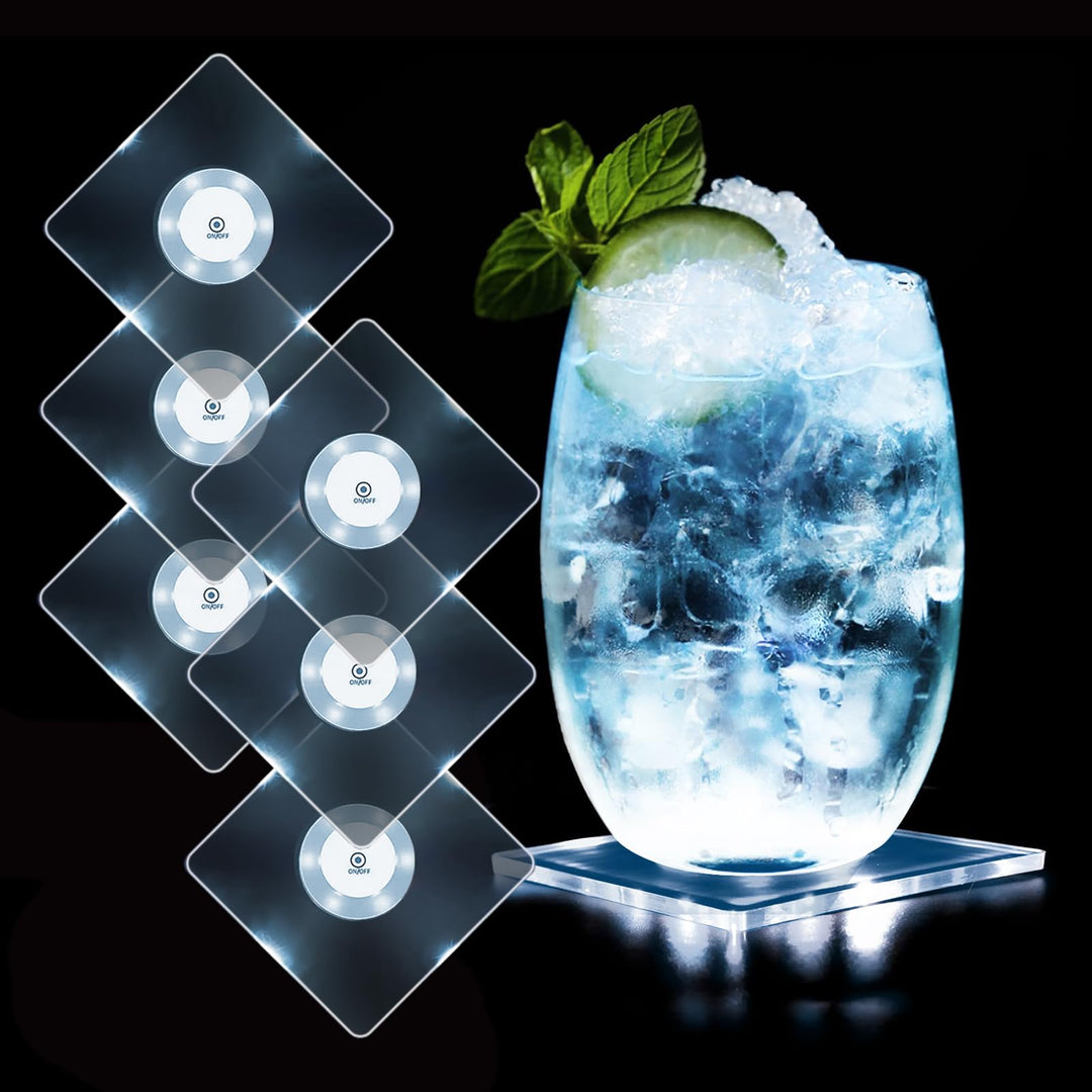 MEDOYOH 6er-Set Quadratisch Kühle Weiss LED Untersetzer für Getränke, ON/Off Taste Getränke Unterset