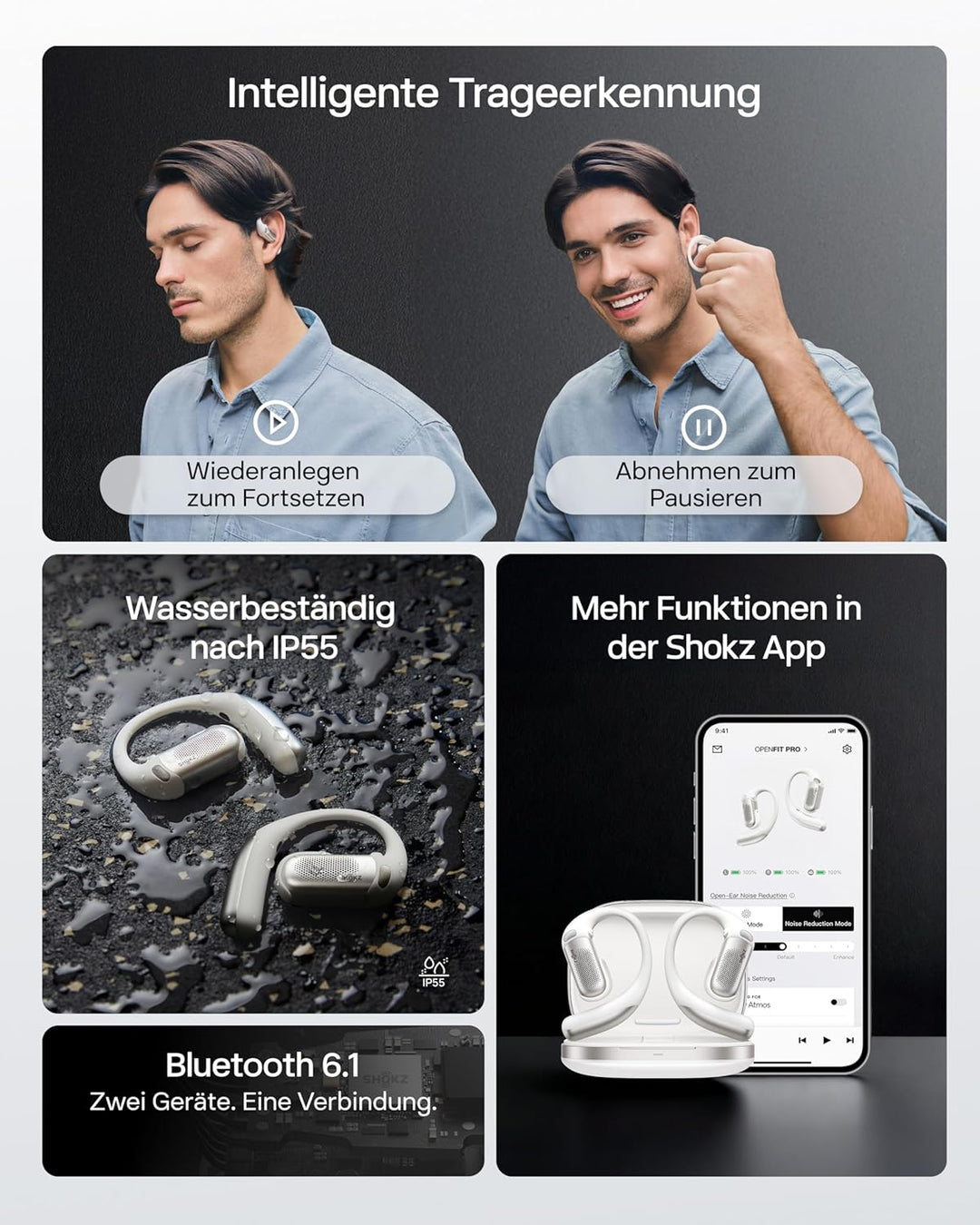 SHOKZ OpenFit Pro Open-Ear-Kopfhörer mit Open-Ear Geräuschreduzierung, Optimised for Dolby Atmos, Ti