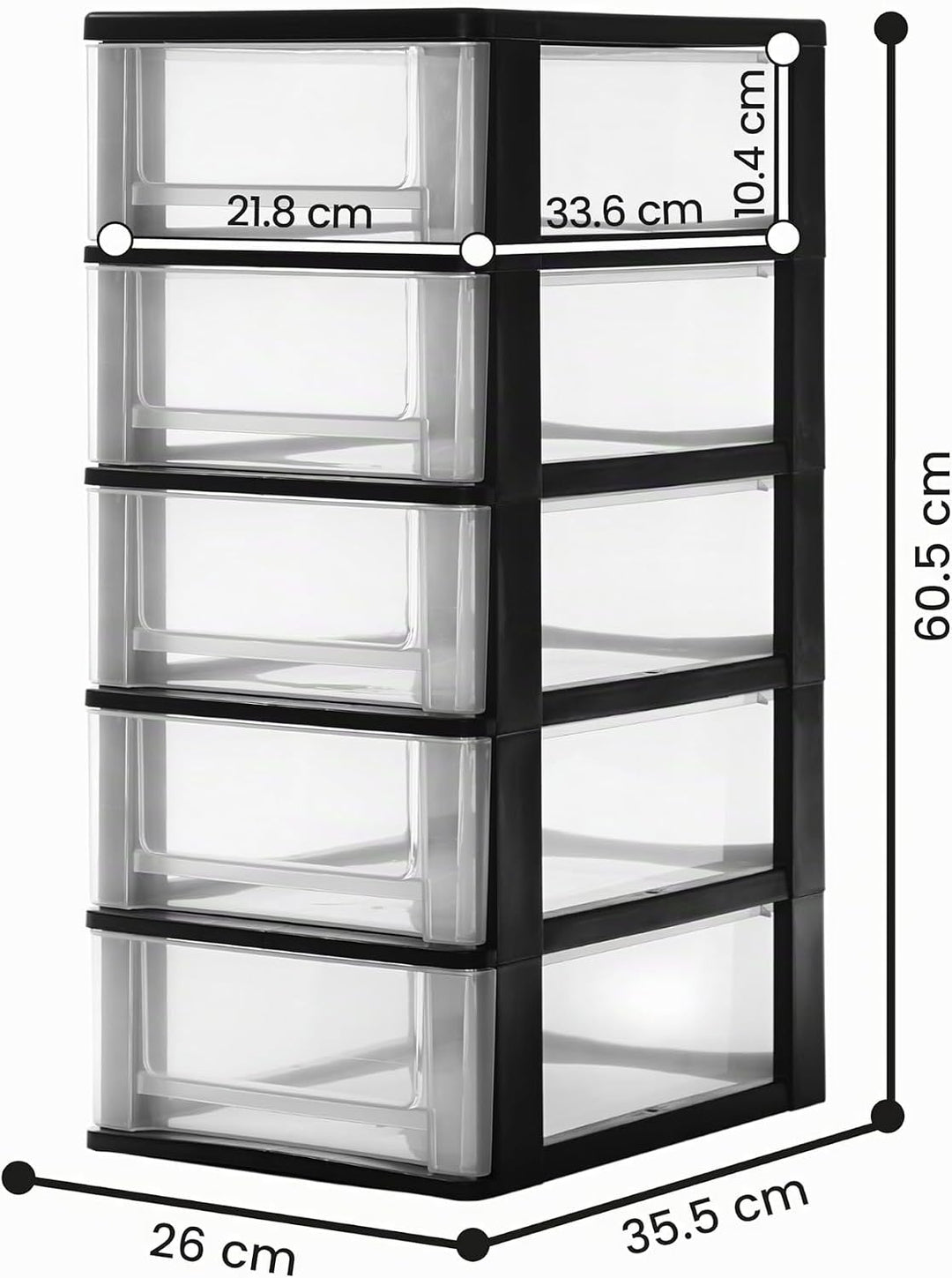 Iris Ohyama, Kunststoff Schubladenbox mit 5 flachen Schubladen, Schwarz, Easy-Pull-System, A4, A5 &