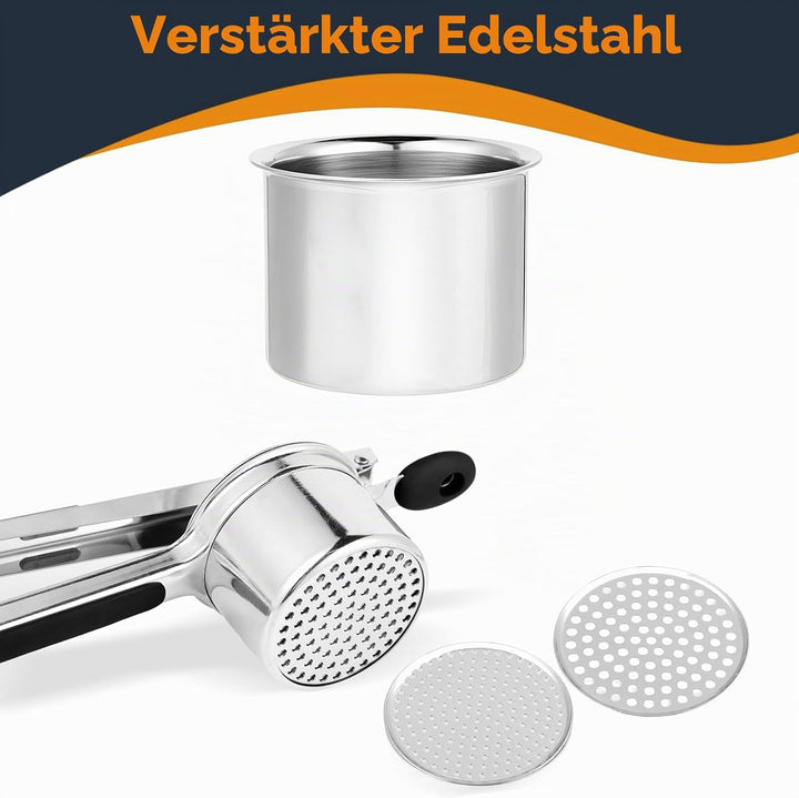 Edelstahl Kartoffelpresse mit 4 Einsätzen – Robuste &amp; Ergonomische Kartoffelpresse – Leicht zu Reini