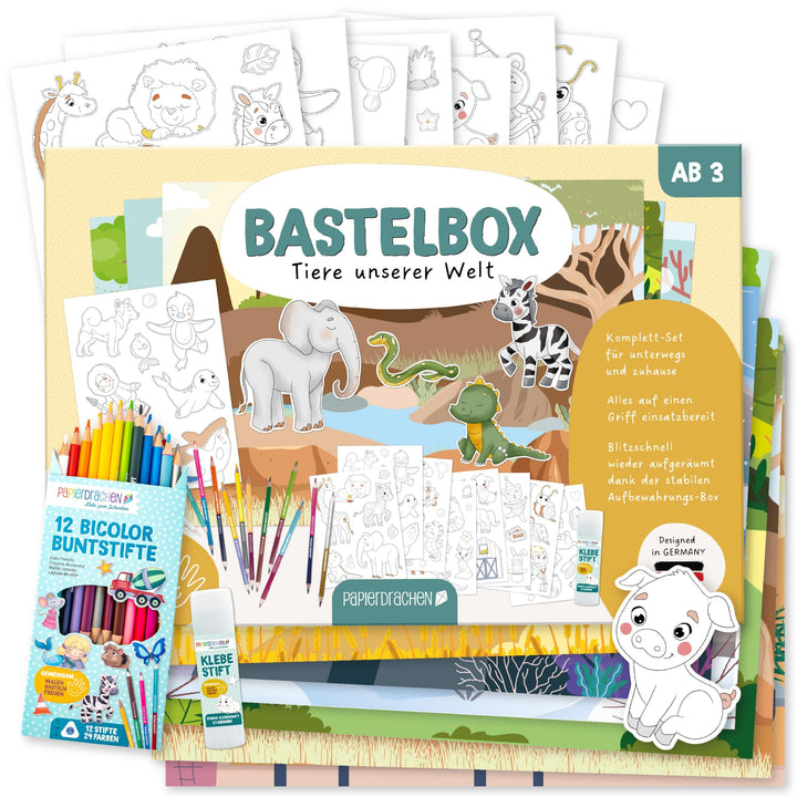 Papierdrachen Bastelbox Tiere unserer Welt – Komplett-Set -inkl. Stanzbögen u. Hintergründen – 12 Bi