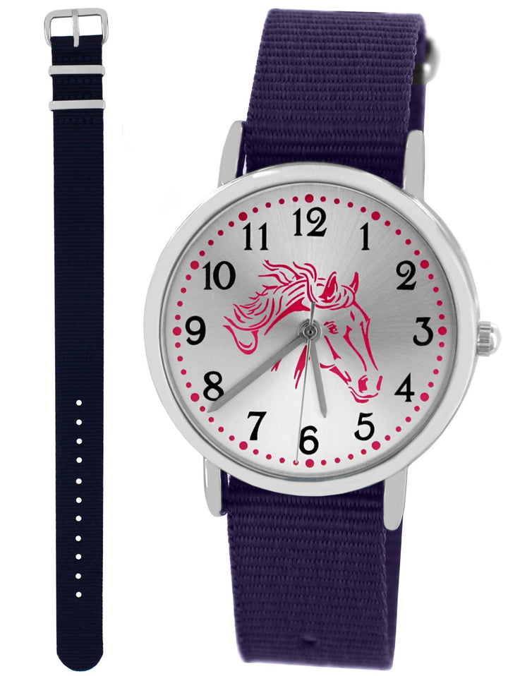 Pacific Time Mädchen Armbanduhr Uhr Pferd Pferdemotiv analog Quarz 2 Textilarmband Violett Blau 1002