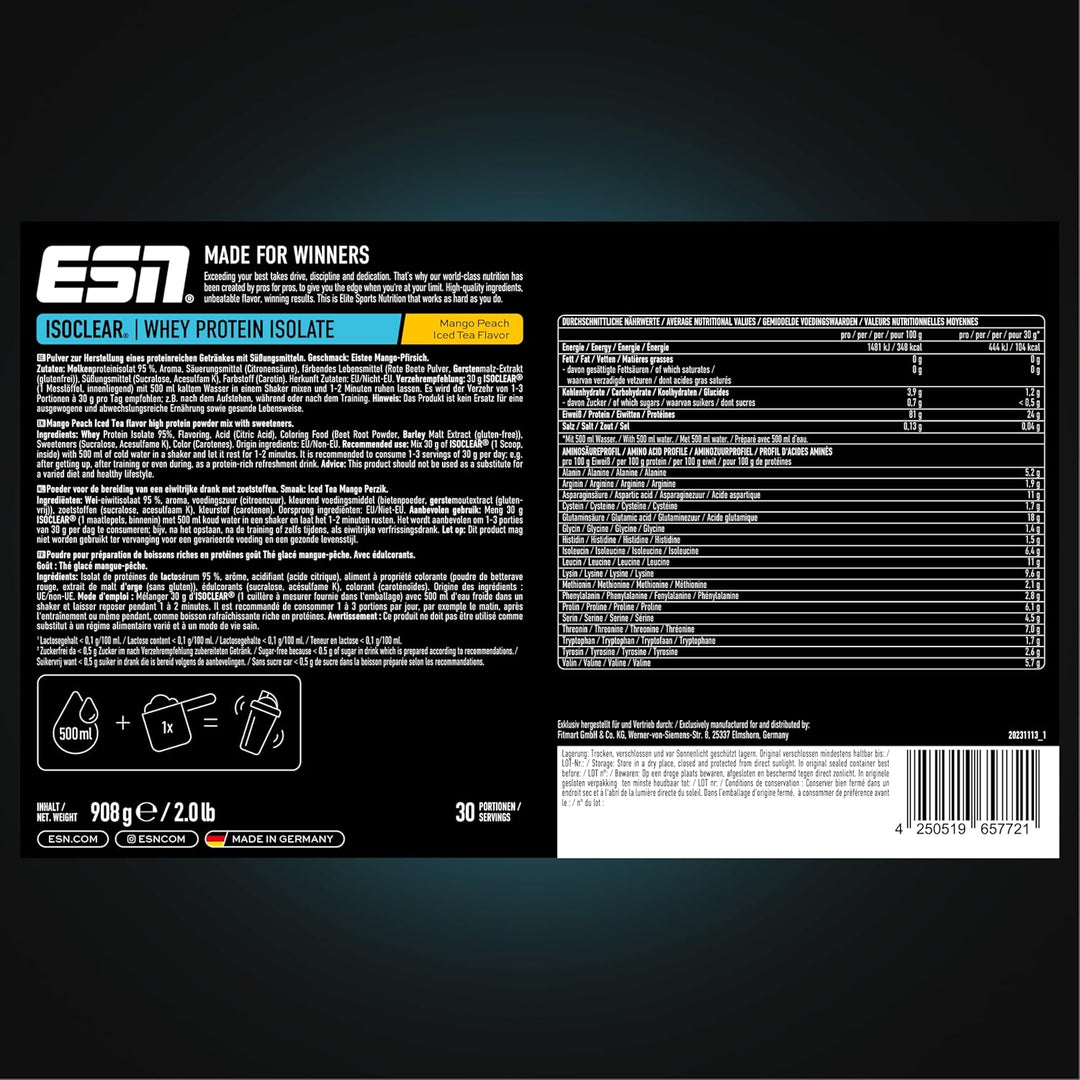 ESN ISOCLEAR Whey Isolate Protein Pulver, Mango Peach Iced Tea, 908 g, Proteinlimo mit fruchtig leck