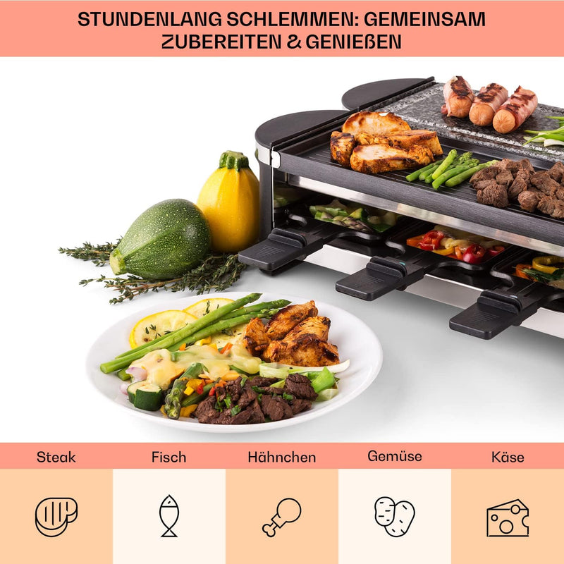 Klarstein Tenderloin Raclette - 1200 Watt Raclette Grill, Raclette 8 Personen mit Antihaftbeschichtu