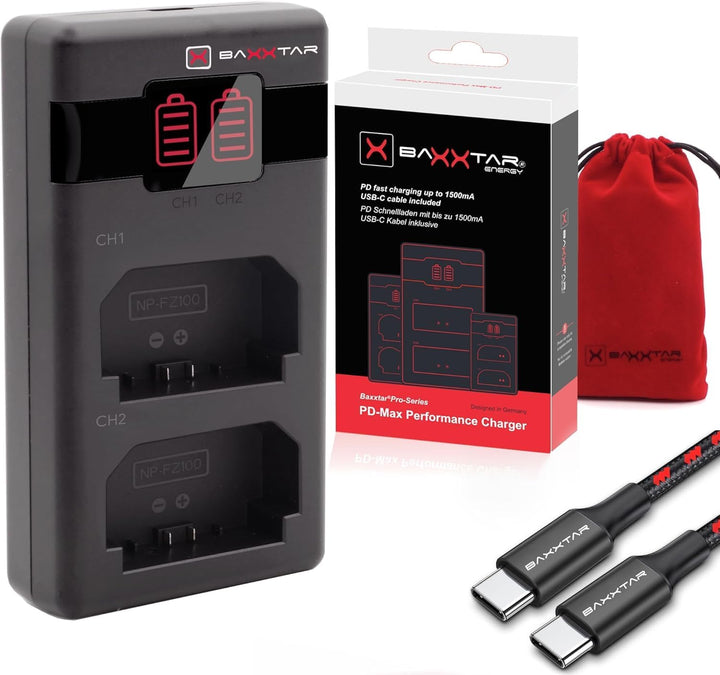 Baxxtar Pro NP-FZ100 Kamera-Akku 2X (2400 mAh - Generation IV) - Laden mit PD Performance (1500 mA)
