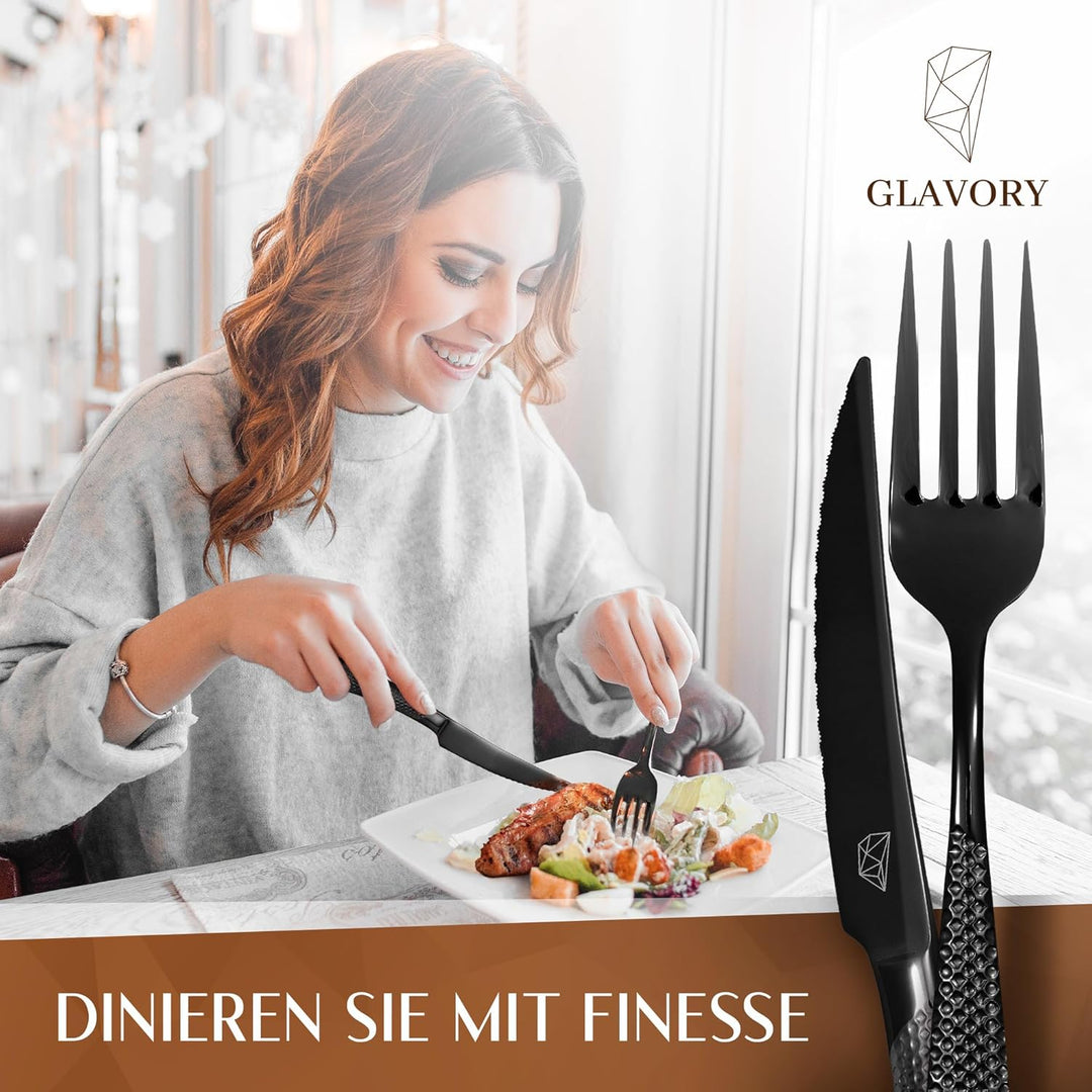 Glavory Aurora - Besteck Set Schwarz gestanzt - Besteck für 6 Personen 30teilig - rostfreier 18/8 Ed