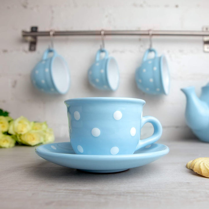 City to Cottage® - Kaffeebecher Teetasse 250 ml | Hellblau und Weiss | Polka Dots | Handgemacht | Ke