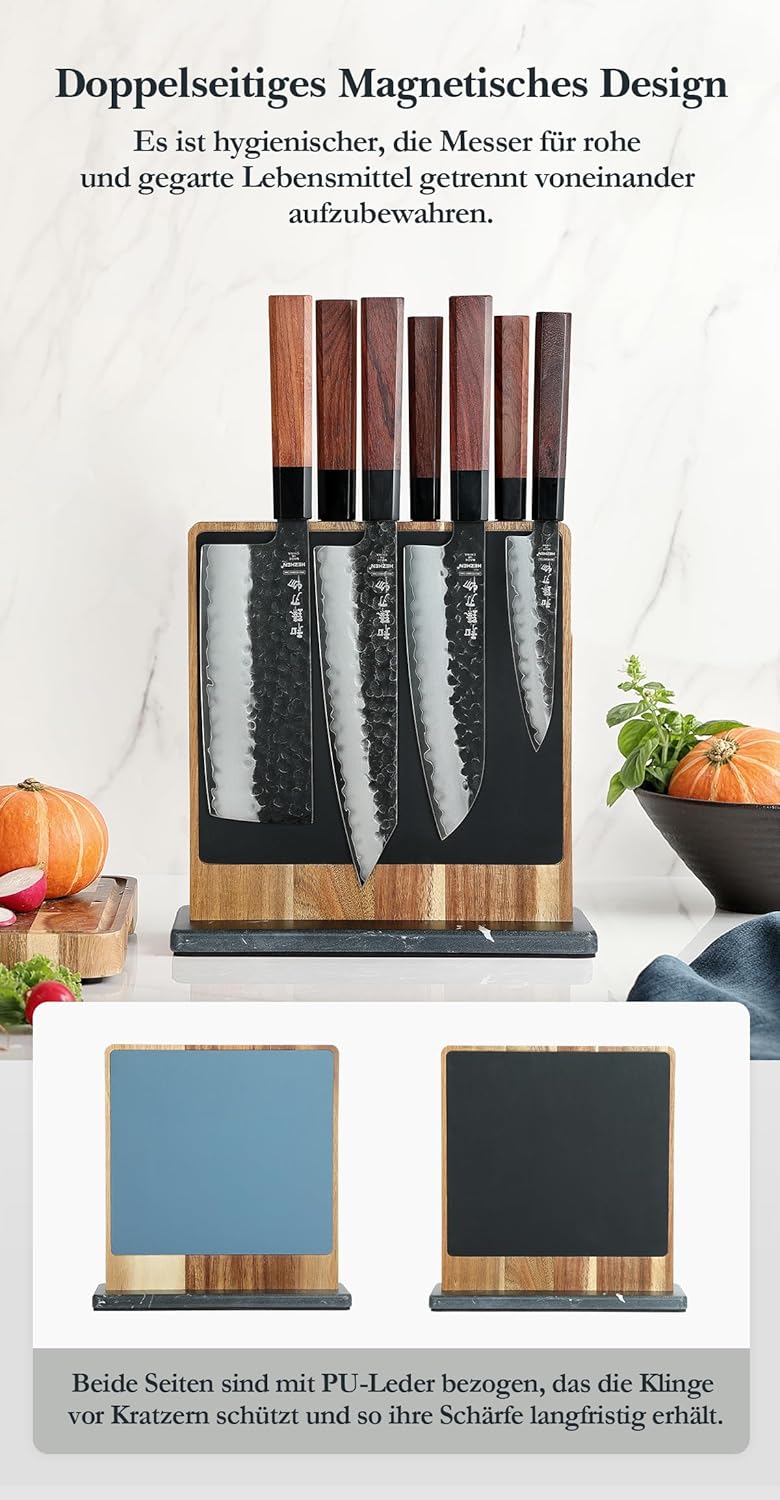 HEZHEN Magnetischer Messerblock aus Akazienholz - Doppelseitiger Magnetischer Messerhalter mit Leder