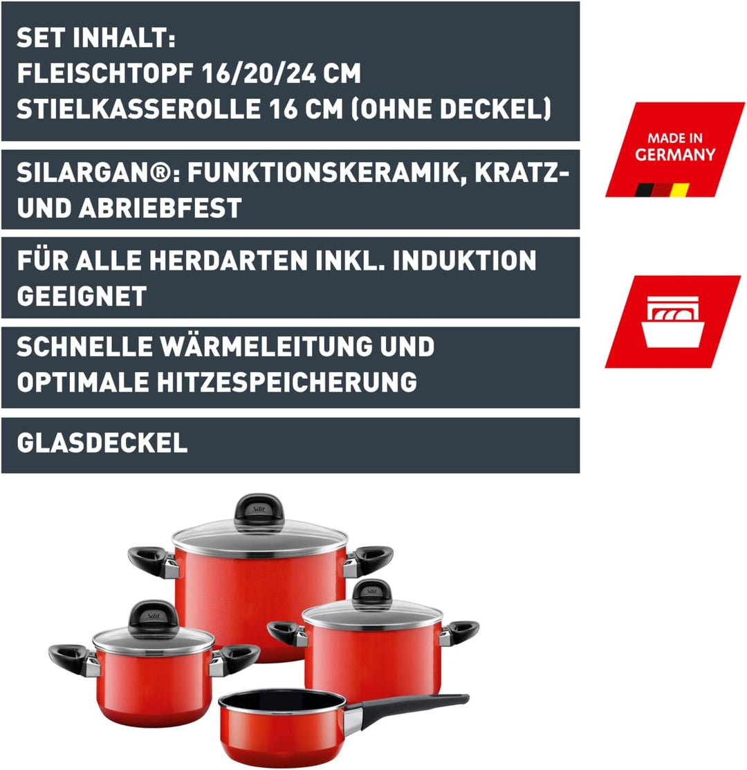 Silit Modesto Topfset Induktion 4-teilig, Kochtopf Set mit Glasdeckel, Silargan Funktionskeramik, In