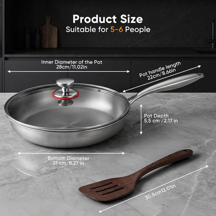 Titan Bratpfanne 28 cm mit Deckel–Unbeschichtete Pfanne aus 99,7% reinem Titan &amp; 316L Edelstahl, ohn
