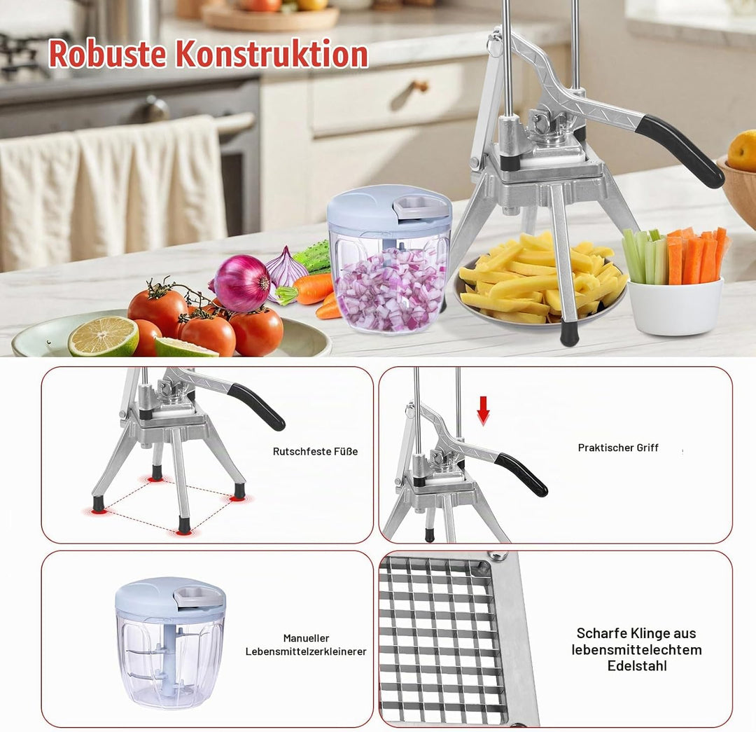 Kartoffelschneider Pommesschneider Professionell mit 6-Keil und 6mm, 9mm und 13mm Edelstahl-Klingen