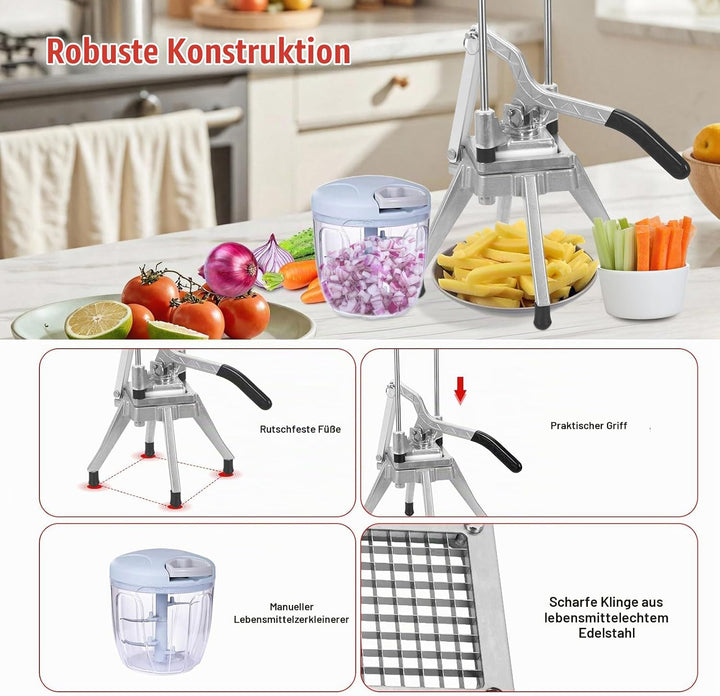 Kartoffelschneider Pommesschneider Professionell mit 6-Keil und 6mm, 9mm und 13mm Edelstahl-Klingen