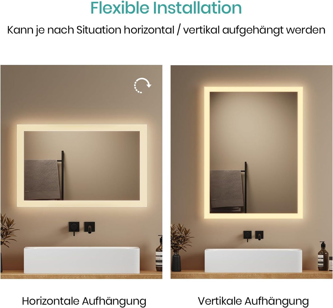 EMKE Badspiegel mit Beleuchtung 40x60cm, Badezimmerspiegel mit Warmweiss Licht 3000K, Wandschalter,