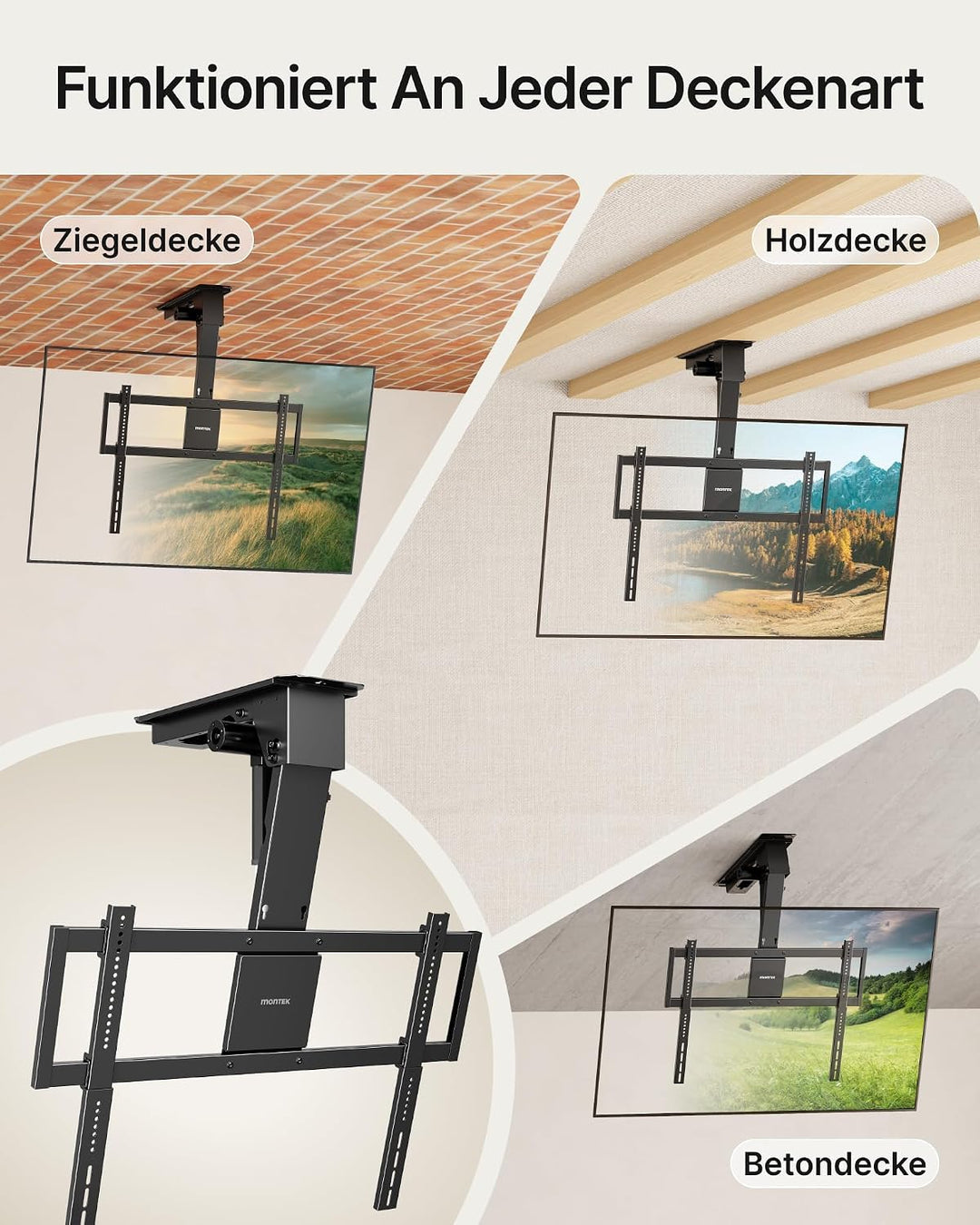 monTEK Motorisierte TV Deckenhalterung von 43-86 Zoll, hochbelastbar bis 55 kg, kompatibel mit Off-C