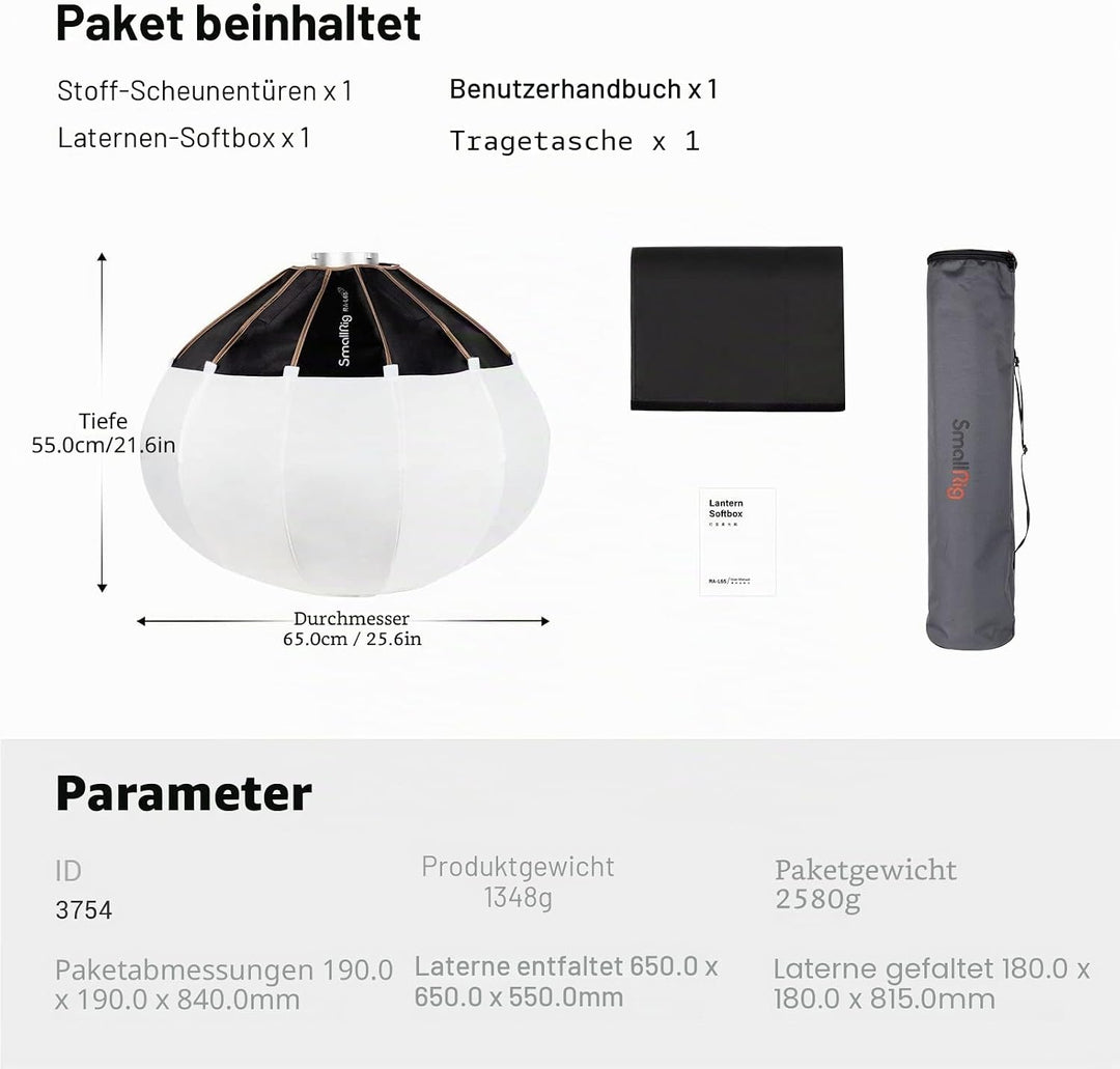 SMALLRIG Laternen Softbox 60cm/26 Zoll, Bowens Mount Softbox mit Klettverschluss Flexible Barndoor T