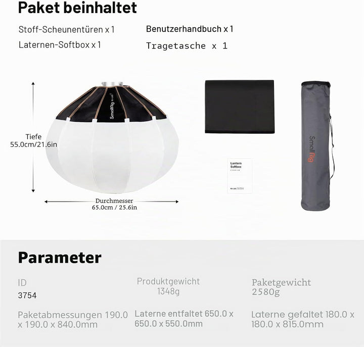 SMALLRIG Laternen Softbox 60cm/26 Zoll, Bowens Mount Softbox mit Klettverschluss Flexible Barndoor T