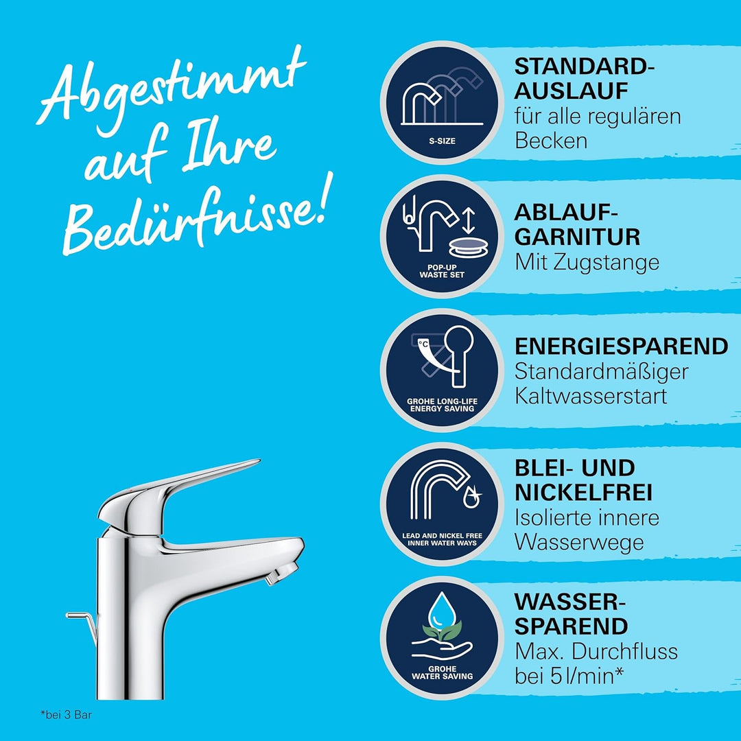 GROHE Swift - Waschtischarmatur (wassersparend, ~16cm hoch, Mittelstellung kalt, inkl. Montagewerkze
