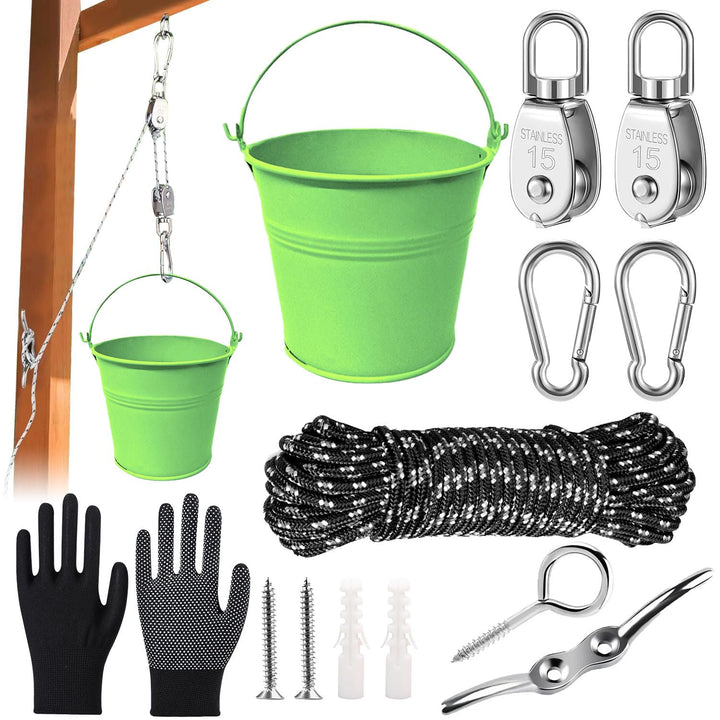Sunshine smile Flaschenzug Kinder,Zubehör fürs Baumhaus Spielturm,Flaschenzug mit Eimer,Flaschenzug