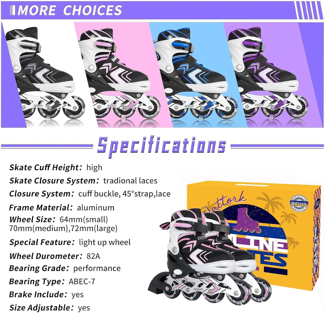 Nattork Inliner für Kinder Verstellbare Inline Skates, 4 Grössen Kinder Inline Roller Skates mit Bel