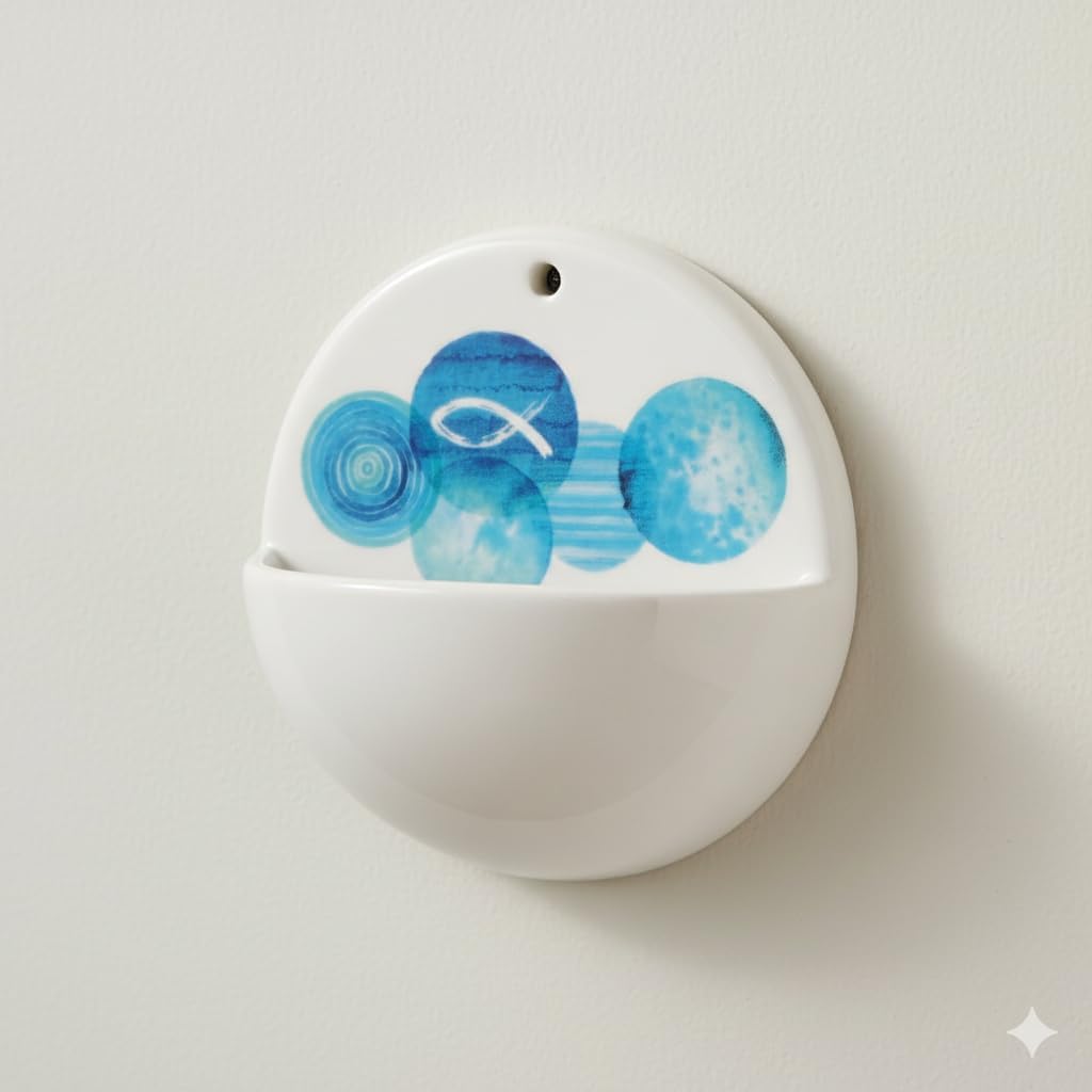 Butzon &amp; Bercker Weihwasserbecken Porzellan – Wand-Weihbecken, Rund, Weiss Glänzend, Ichthys-Motiv B