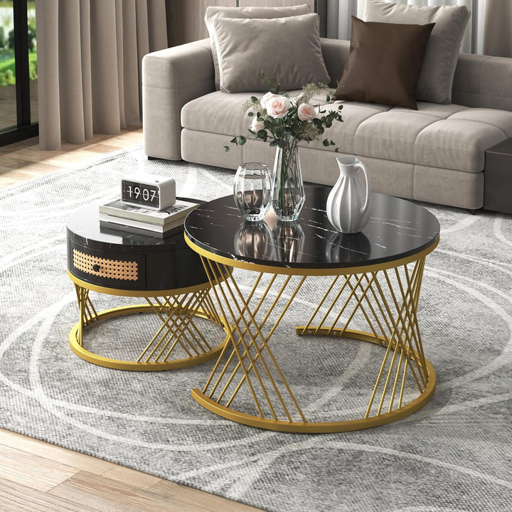Merax Rund Couchtisch Set, 2-in-1 Beistelltisch mit Stauraum Satztisch Modern Wohnzimmertisch mit Ho