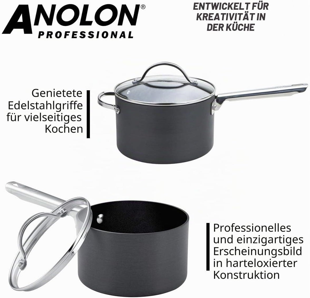 Anolon 3er Topfset - Professionelle Antihaftbeschichtung - Stielkasserolle 16/18/20cm mit Deckel - L