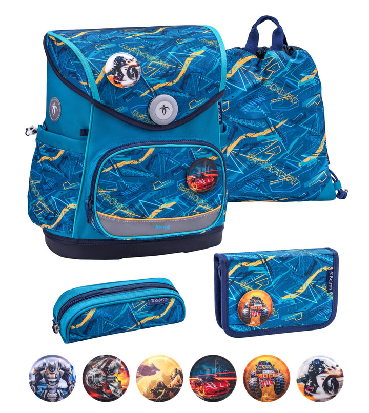 Belmil Premium Compact Plus ergonomisches Schulranzen Set 5 - teilig, AGR, Brustgurt, Hüftgurt, Magn