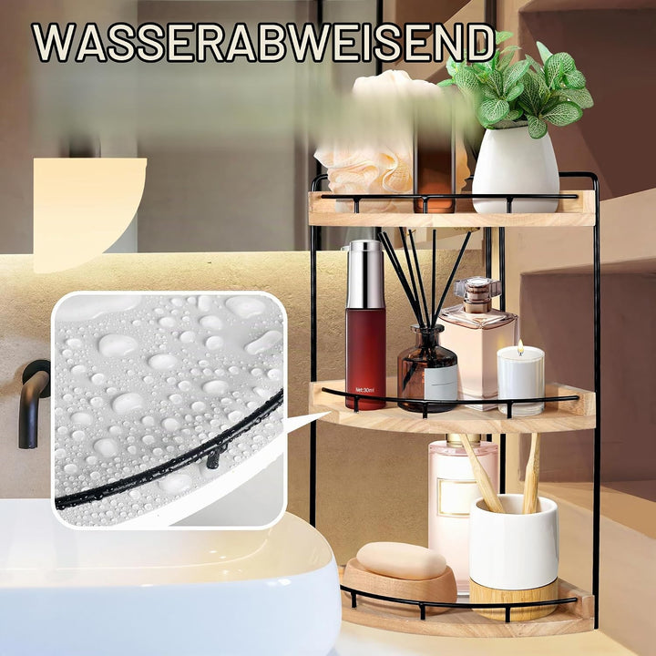 3 Ebenen Badezimmer Organizer, Eckregal Badezimmer Regal aus Holz mit Metallgestell, Arbeitsplatten-
