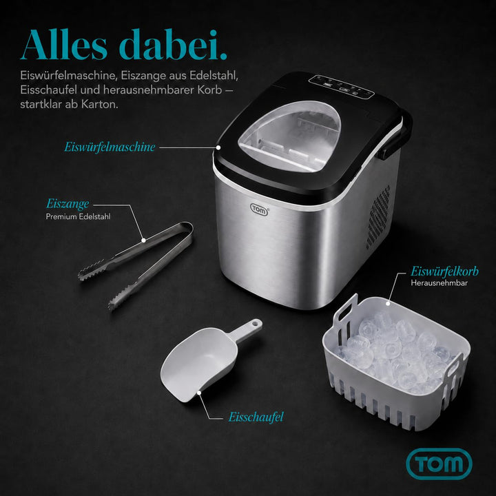 TOM Eiswürfelmaschine – 9 Eiswürfel in 6-8 min – 12 kg/24 h – 2 Würfelgrössen – Ice maker Eiswürfelm