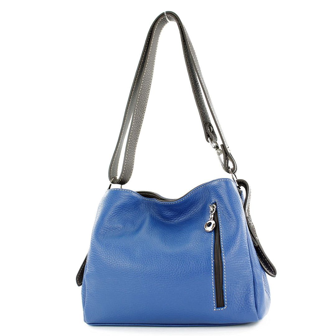 modamoda de - T220 - ital. Schultertasche Klein aus Echtleder Blau/Dunkelbraun, Blau/Dunkelbraun