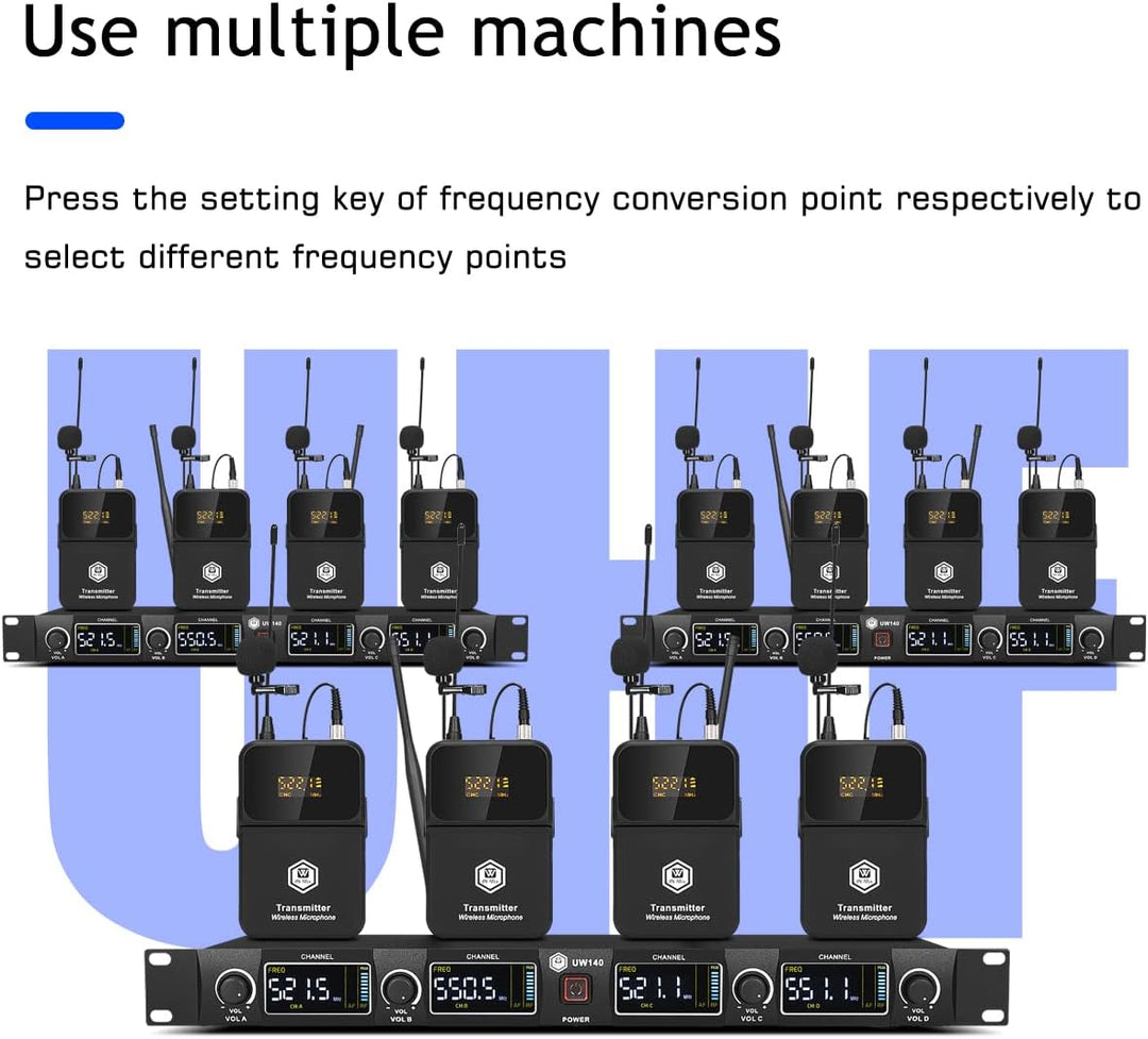 W IN-MIX Professionelles UHF-Funkmikrofonsystem, 4 Kanäle, 80 Meter Reichweite, mit Lavalier- und He