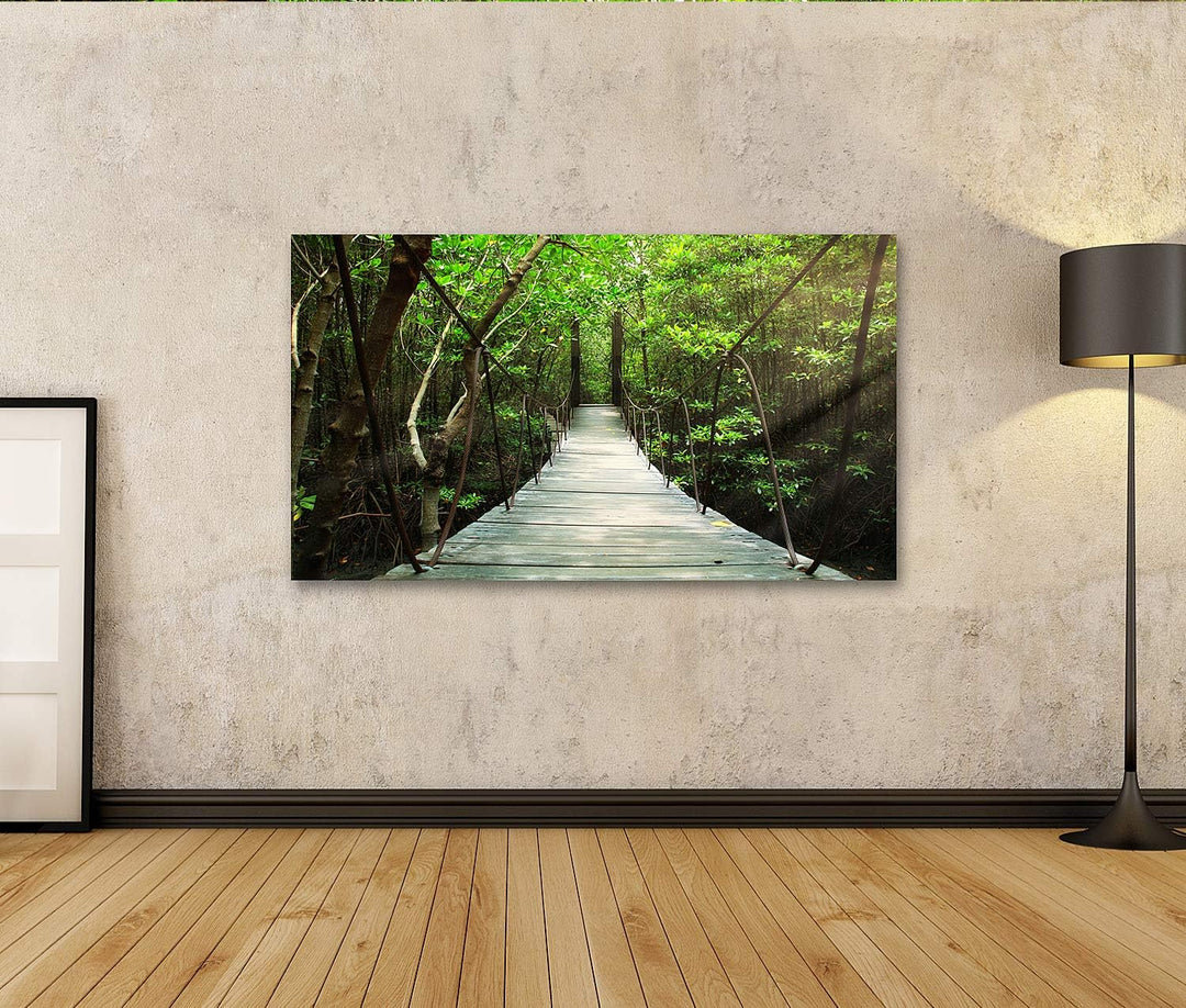 islandburner Bild auf Leinwand Hängebrücke Im Wald Bilder Wandbilder Poster Leinwand 100x57cm, Leinw
