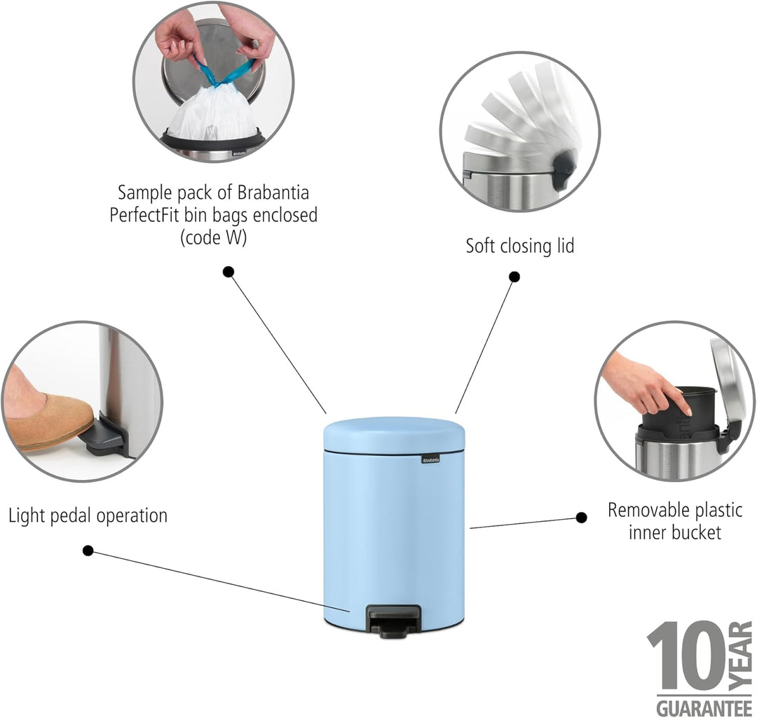 Brabantia - NewIcon Treteimer 5L - Kleiner Abfalleimer für Bad oder Toilette - Sanft Schliessender D