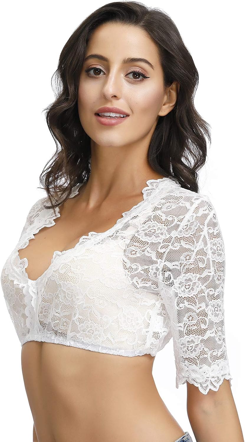 TrendiMax Damen Elegante Dirndlbluse, Schwarz Weiss Dirndl Bluse mit Spitze, Trachtenbluse für Oktob