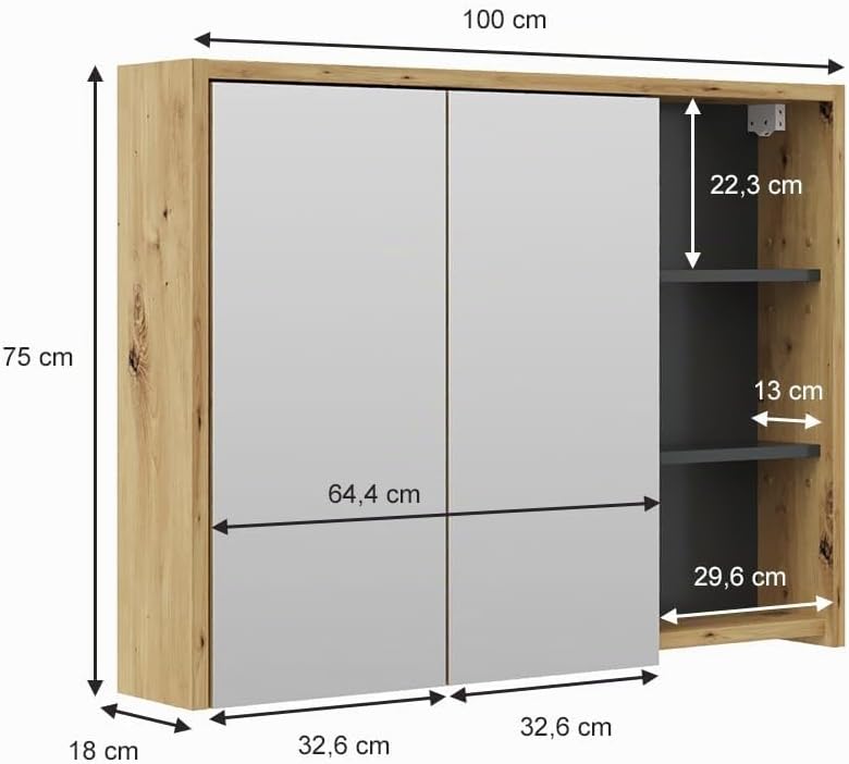 Vicco Bad Spiegelschrank Viola, Anthrazit/Eiche, 100 x 75 cm