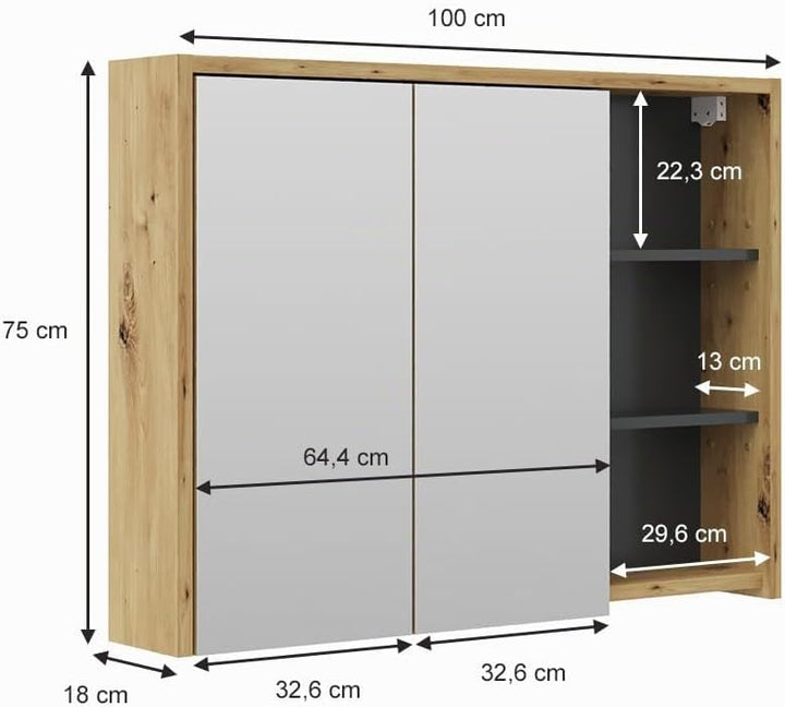 Vicco Bad Spiegelschrank Viola, Anthrazit/Eiche, 100 x 75 cm