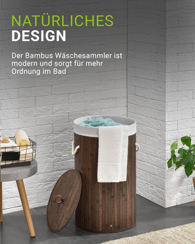 Juskys Bambus Wäschekorb Curly-Round Braun 55L - Hygienischer & Faltbarer Wäschekorb mit Deckel, Tra