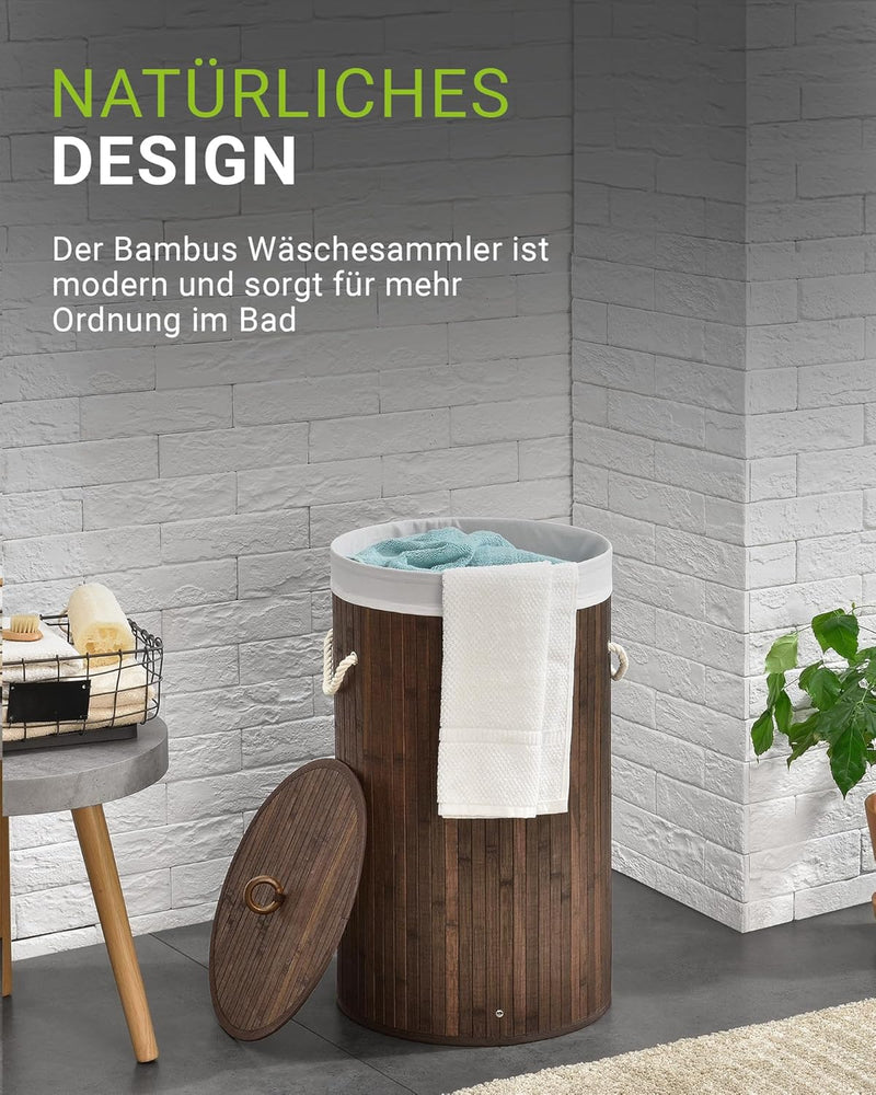 Juskys Bambus Wäschekorb Curly-Round Braun 55L - Hygienischer & Faltbarer Wäschekorb mit Deckel, Tra