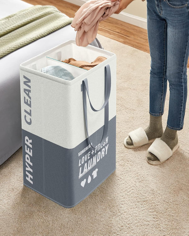 SONGMICS Wäschekorb 2 Fächer, 90 Liter, Wäschesammler gross, Wäschesack, stehend, faltbar, Wäschesor