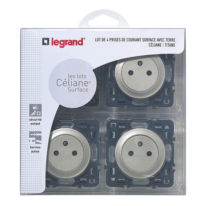 Legrand Céliane2 Steckdosen-Set, mit Erdung, kombinierbar, grau, 200261, 230 voltsV 4 Stück Titan, 4
