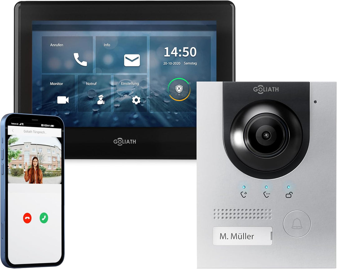 GOLIATH Full-HD Video Türsprechanlage, Unterputz Türstation in Silber, 1 Familienhaus Set, Touchscre