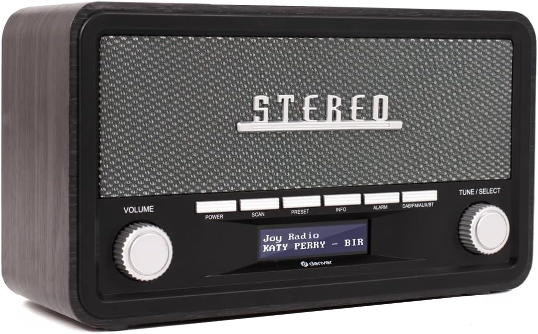 Denver DAB Radio DAB18, Radio mit Bluetooth, Retro Radio aus Holz, FM Radio, DAB, DAB+, AUX, Batteri