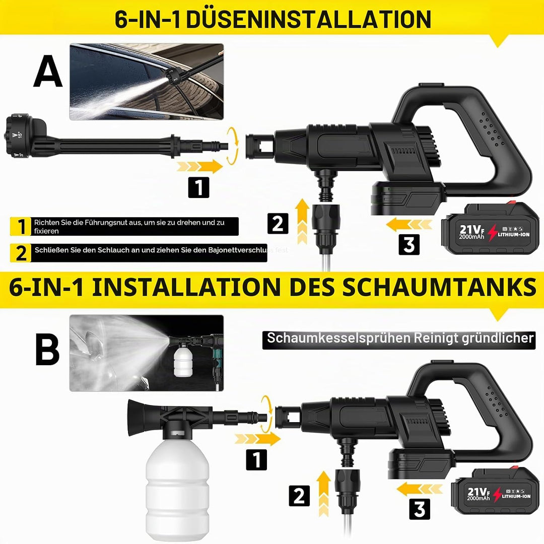Hochdruckreiniger mit Akku, 6-in-1-Düse, max. 200 Bar, kabelloser Hochdruckreiniger, bürstenloser Mo