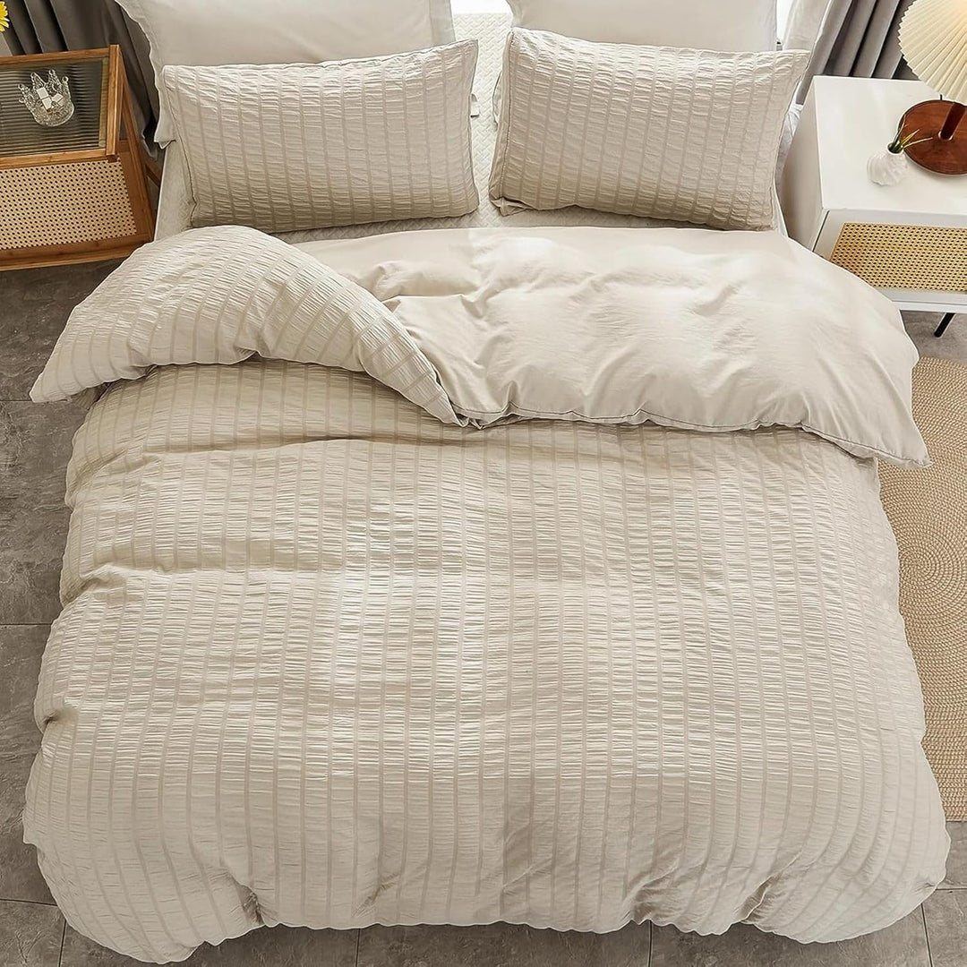 Freyamy Seersucker Bettwäsche 135x200cm 2teilig Beige Geprägt Streifen Strukturiert Bettwaren-Sets U
