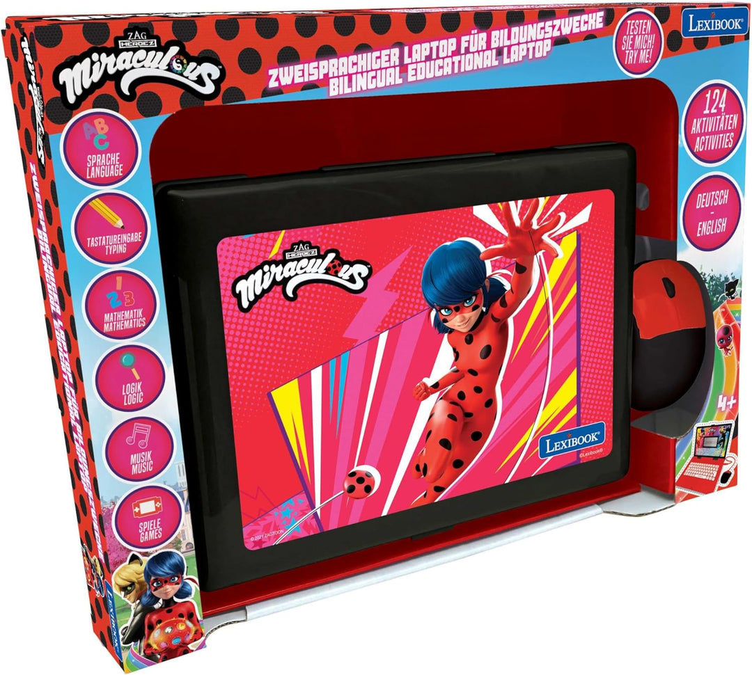 Lexibook Miraculous mit Ladybug - Zweisprachiger Laptop für Bildungszwecke Englisch und Deutsch, 124