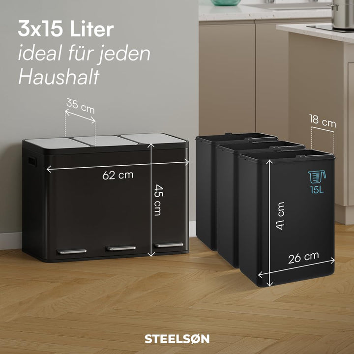 STEELSØN Epsilon Mülleimer 3 Fächer – Mülltrennsystem Küche 3x15L aus Edelstahl Schwarz – Tretmüllei