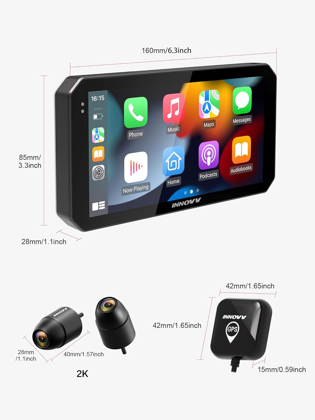 INNOVV N2 Motorrad CarPlay Display, 6 Zoll HD Touchscreen Kabelloses CarPlay & Android Auto, Doppelk