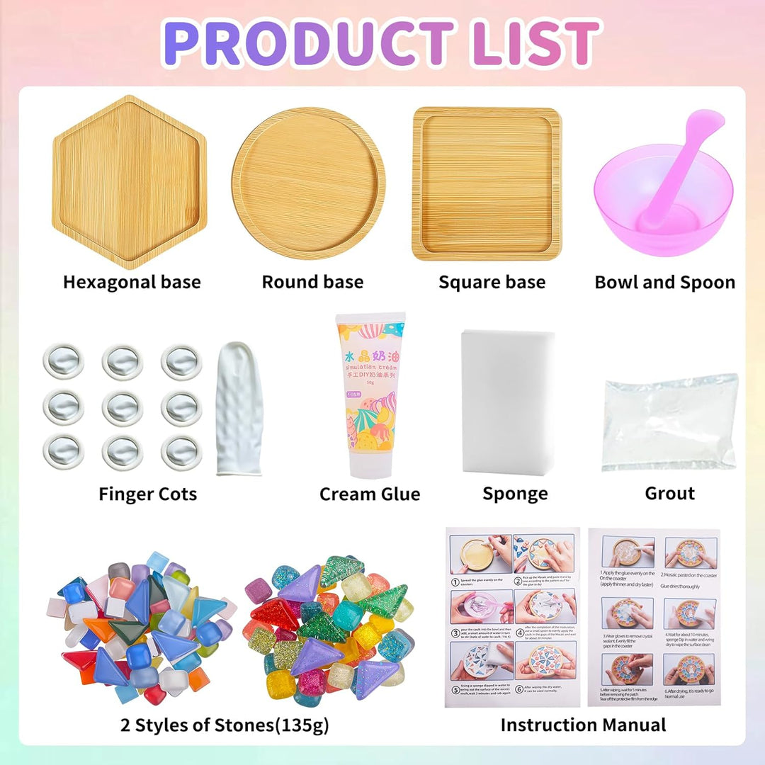 Mosaik Bastelset Kinder, 3 Stück Mosaik Untersetzer DIY Bastelset, Mosaiksteine Untersetzer Set, Ges